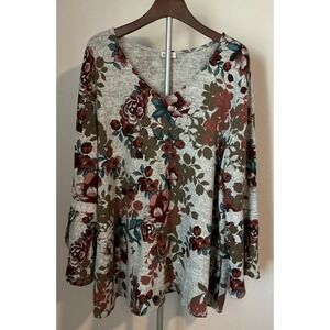Avenue Women's Size 26/28 Pullover Blouse Floral Slit 3/4 Flared‎ Sleeves Gray